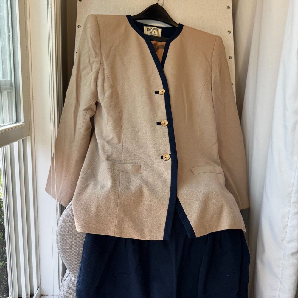 Vintage 90s Kasper ASL Tan & Navy Blue Suit - Size 14P | Classic Power Dressing